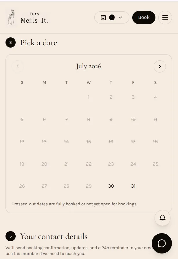 Mobile booking screen with date and time selection